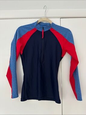 Tory Sport Long Sleeve Rash Guard Swim Top in Navy, Red & Light Blue Pattern S